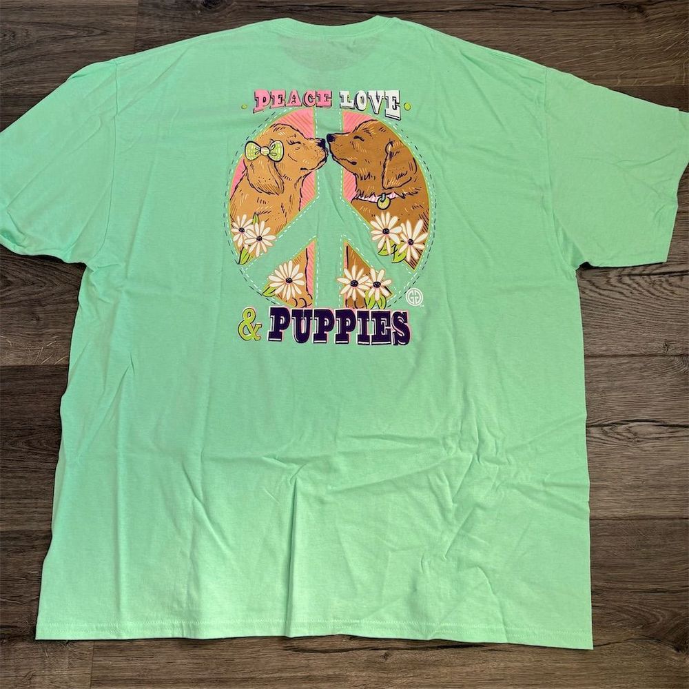 Puppie Love Unisex Graphic T-Shirt Peace Love Puppies Green‎ Size 2XL